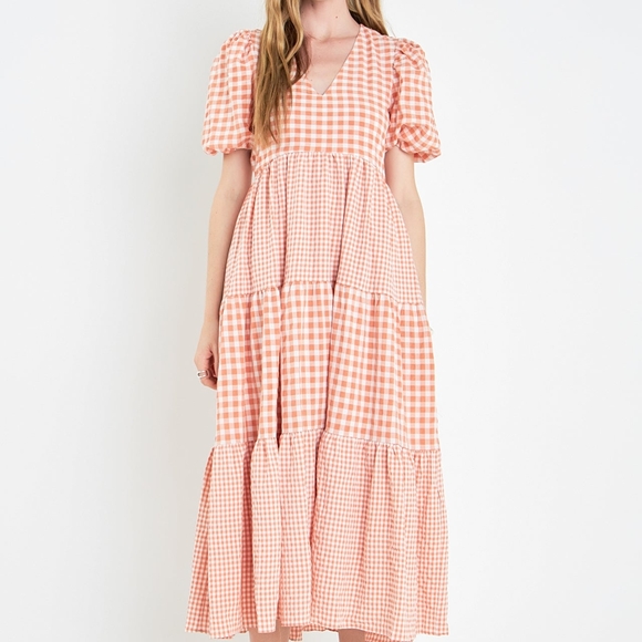 Gingham Puff Sleeve Midi Dress - Pink - Picture 2 of 5